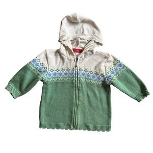 Vintage 90s Esprit Baby Green & Cream  Hooded Fair Isle Cardigan 18 Months